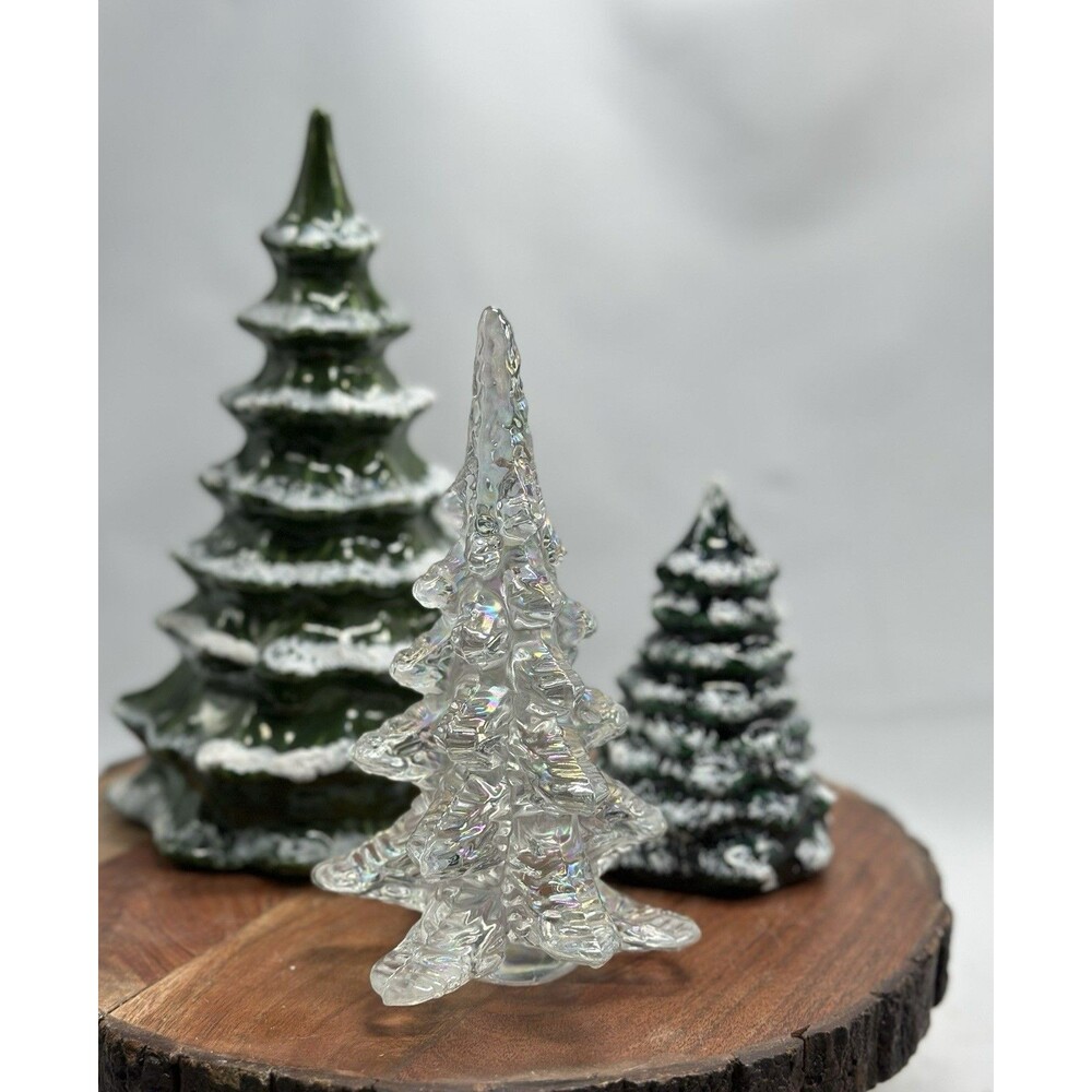 Ceramic & Iridescent Glass Christmas Trees Lot Of 3 Vintage